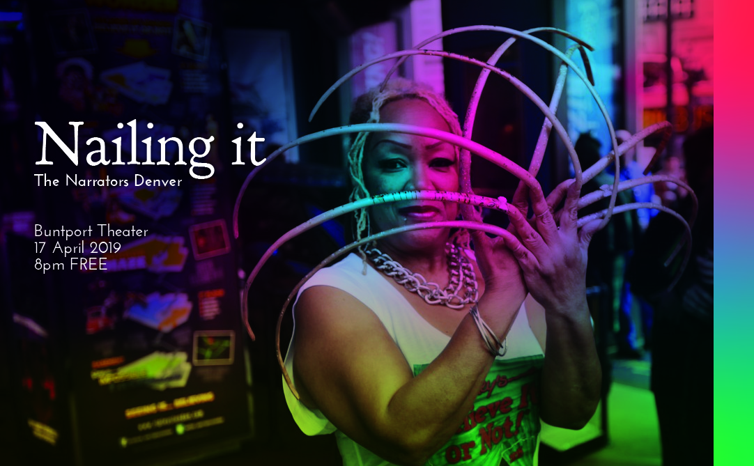 A promo poster for The Narrators- a woman with extremely long fingernails holds them crossed in front of her face.