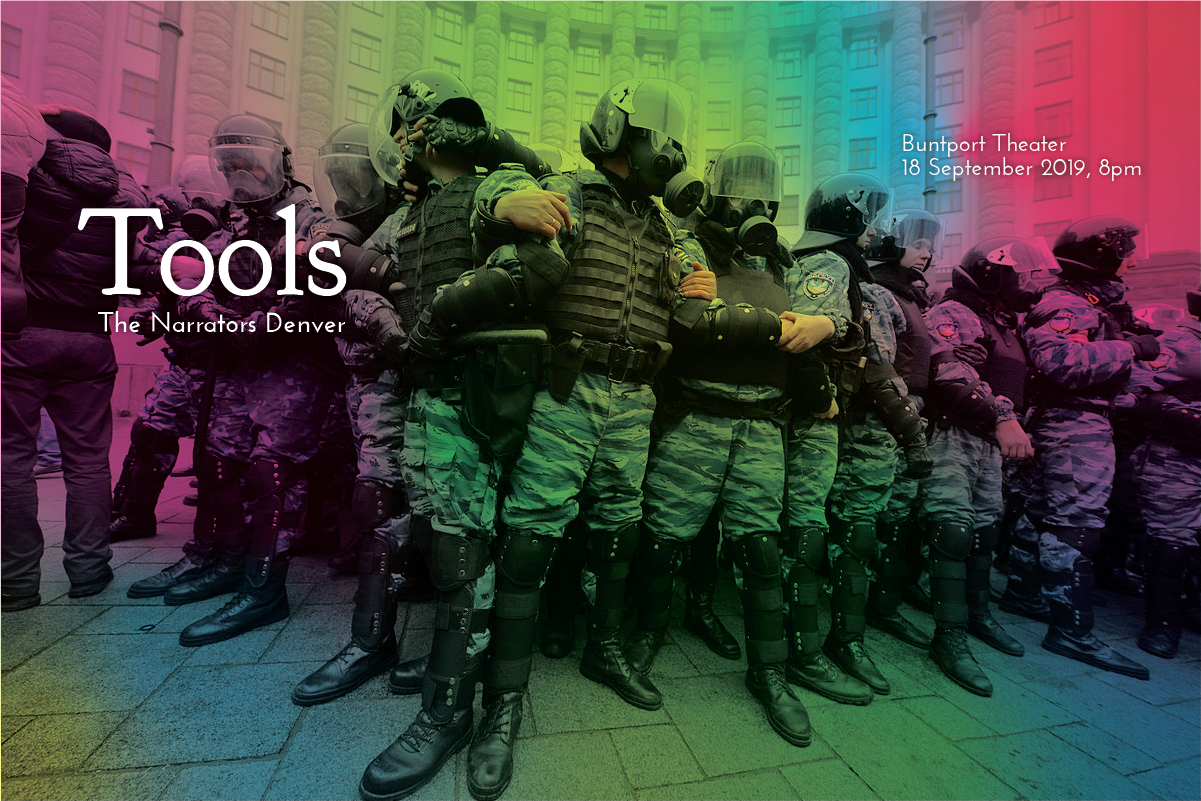 A promo poster for The Narrators- a group of people wearing gas masks, helmets and flack jackets, link arms in front of a building.