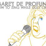 A yellow line drawing of a woman's face singing into a black microphone. She has blue tears running down her face
