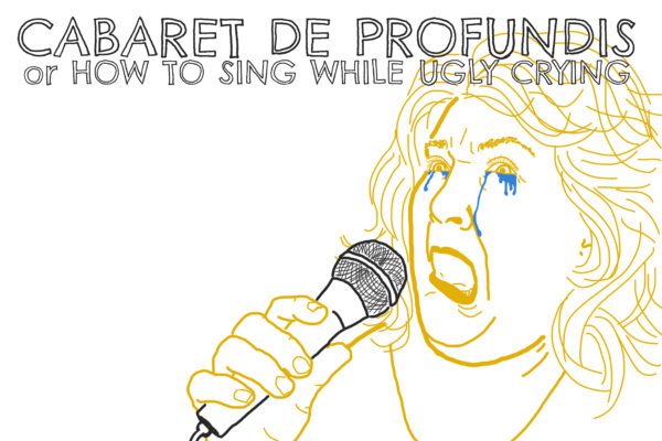 A yellow line drawing of a woman's face singing into a black microphone. She has blue tears running down her face