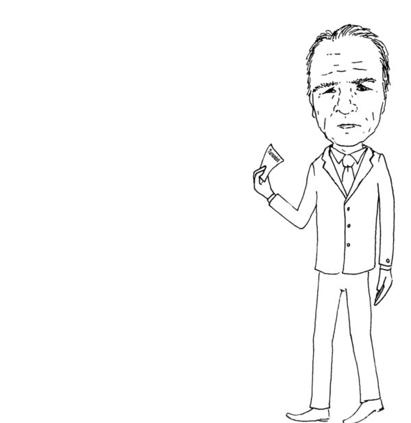 A line drawing of Tommy Lee Jones holding a ticket