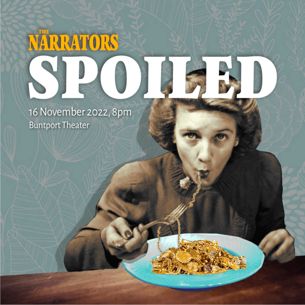 Digital poster for The Narrators performance on 16 November 2022. A surreal collage of a eating gold jewelry like it is pasta.