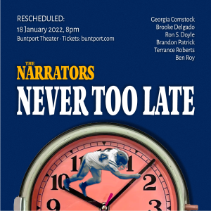 Digital poster for The Narrators performance on 18 January 2023. A surreal collage of a football player pressing against the hands of a wall clock.