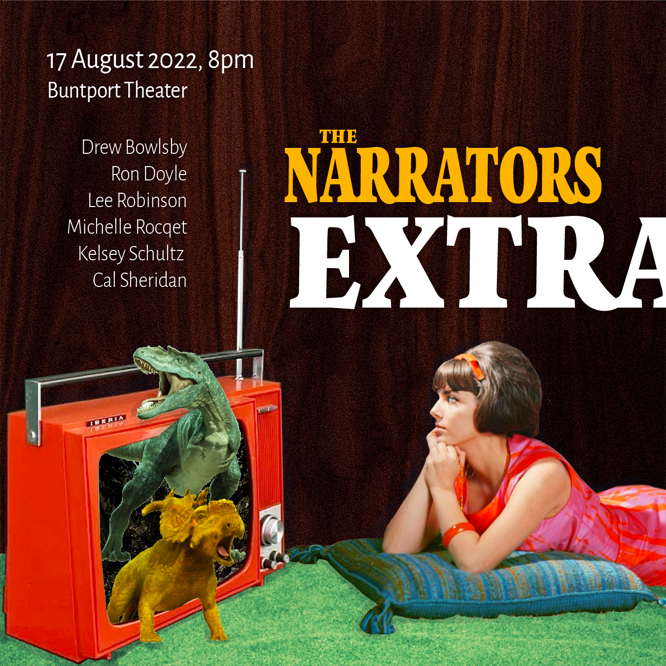 Digital poster for The Narrators performance on 17 August 2022. A surreal collage woman watching an old tv with dinosaurs climbing out of it.