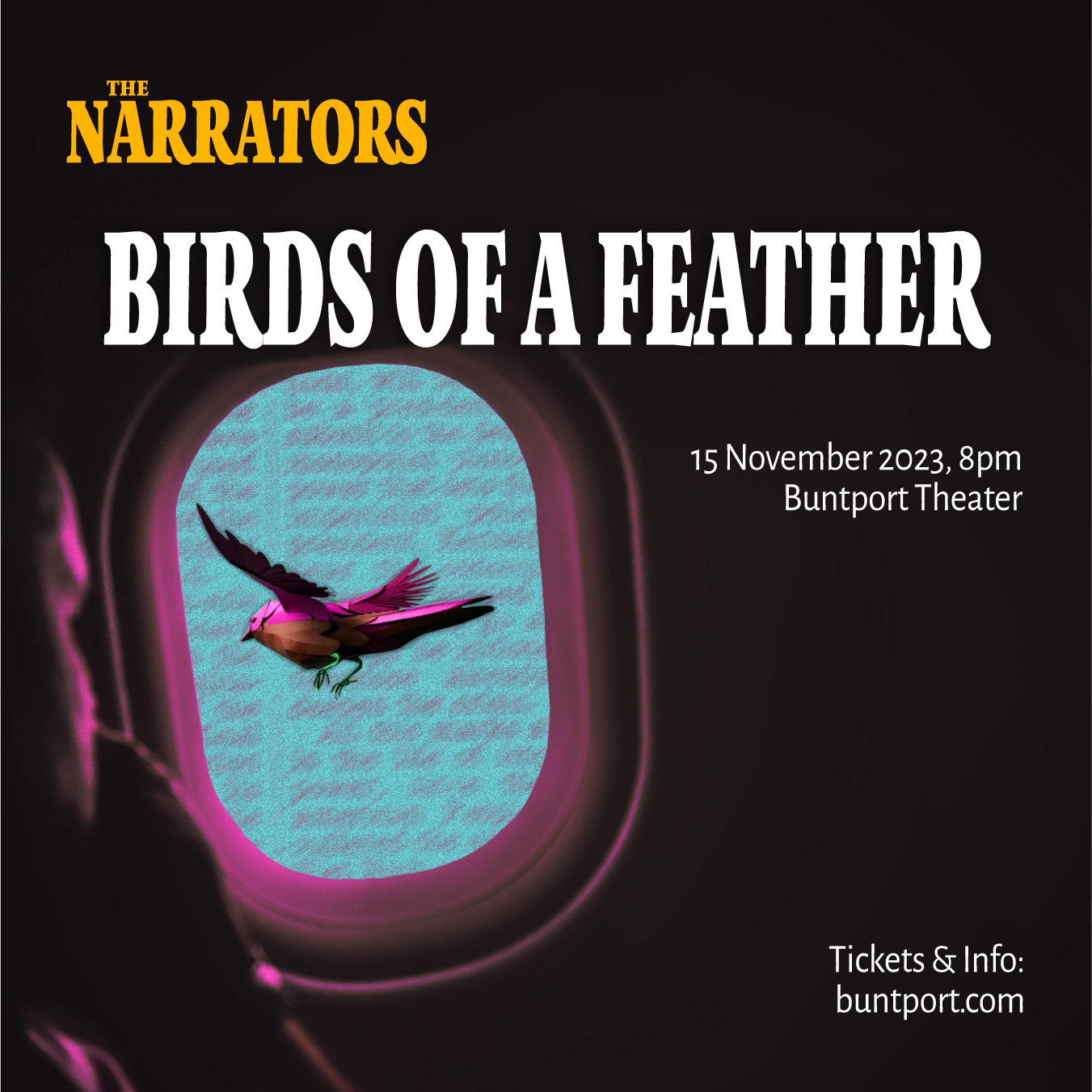 Promotional poster for The Narrators storytelling show. Surreal collage art of a person looking out of an airplane window at a mechanical bird flying through a sky of blurred text