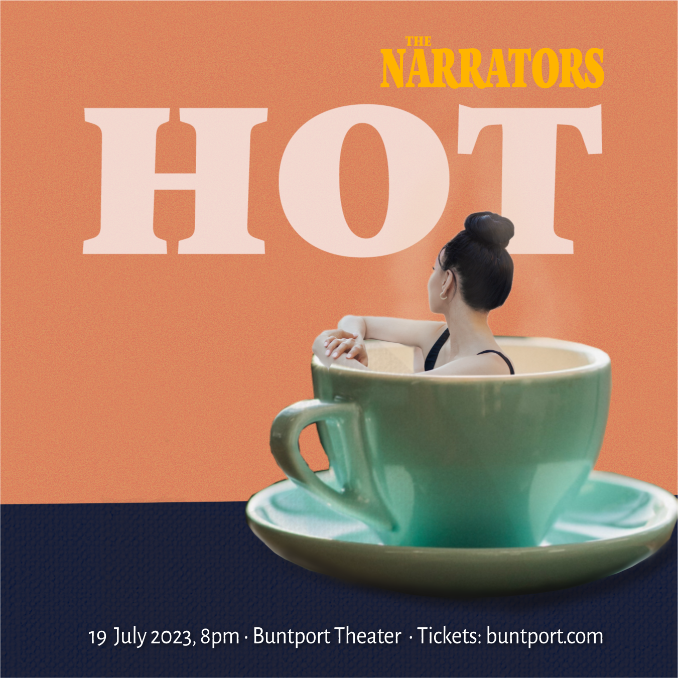 Show poster for The Narrators storytelling show. A surreal image of a ballerina dancer sitting inside a steaming hot cup of tea.
