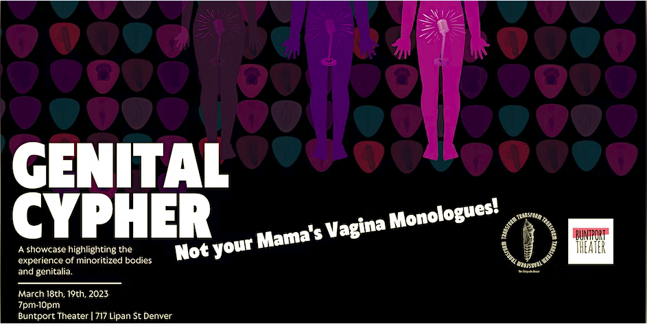 Black background with 3 human body silhouette shoulders down in pinks and purples. There are microphones where genitals would be in a diagram.