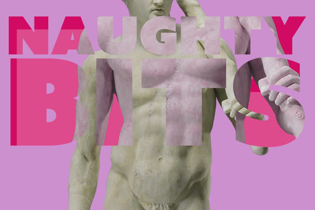 A pink background with the torso of a marble statue holding a club. The words Naughty Bits are in front of the statue.