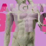 A pink background with the torso of a marble statue holding a club. The words Naughty Bits are in front of the statue.