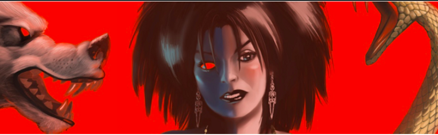 A comic style drawing of a women with big choppy dark hair and a single red eye. on one side is a snake with mouth open and on the other side is a wolf with mouth open.