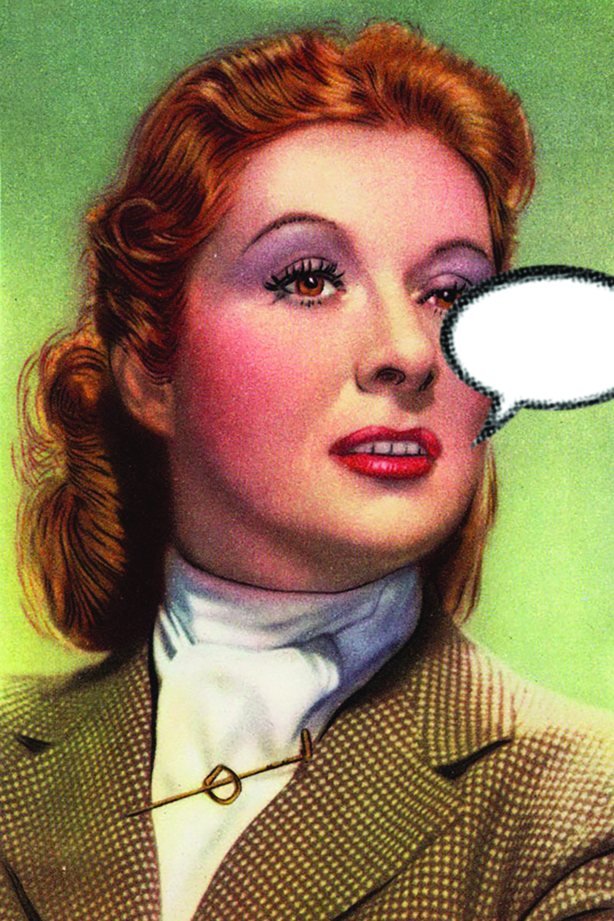 A painting of a photo of a 1940's movie star, with a black speech bubble.