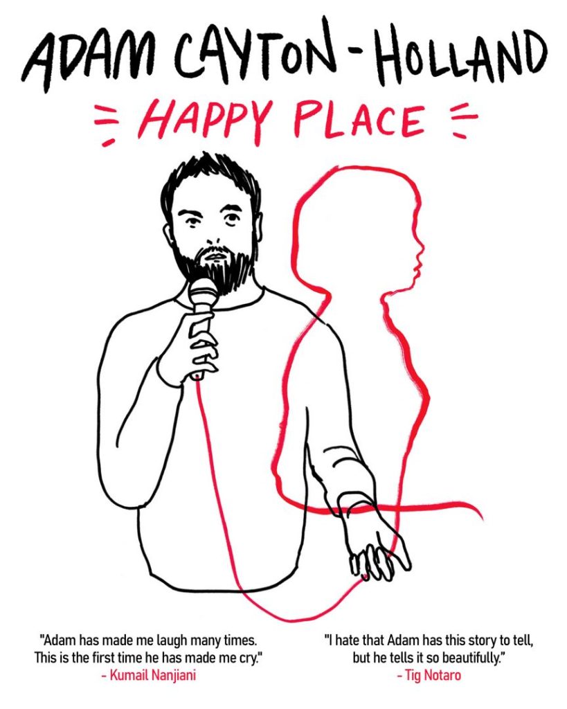 A black line drawing of a man holding a mic with a red outline of a woman's profile being drawn by the mic cord.