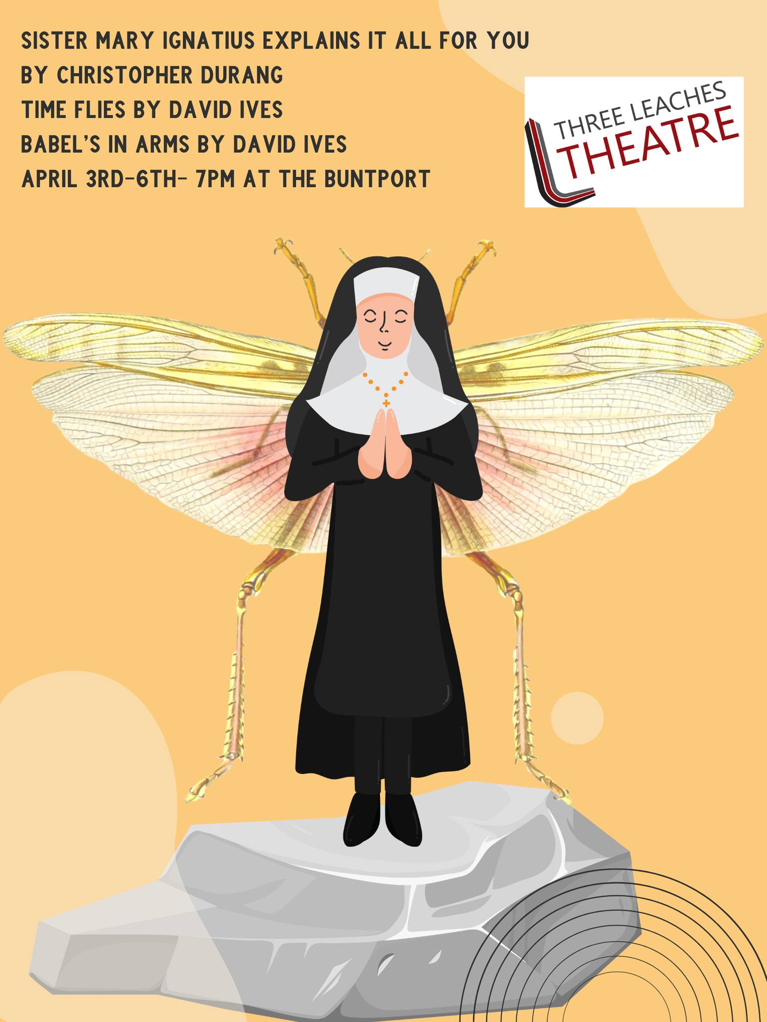 A cartoon drawing of a nun with insect wings standing on a rock.