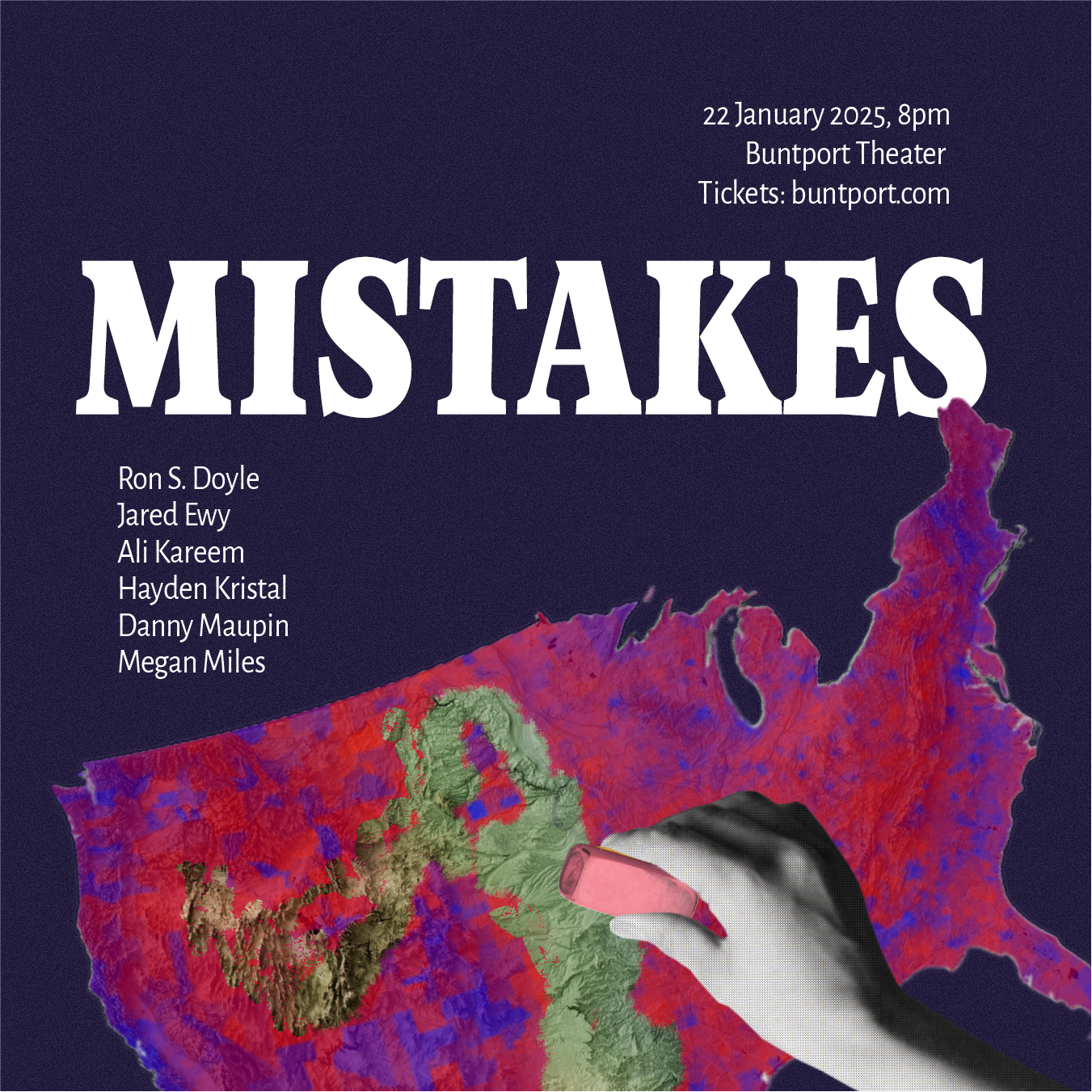 Promotional poster for The Narrators storytelling show. A surreal photo collage of the continental United States, overlaid with a red and blue political voting map. A giant hand holds an eraser, removing the red and blue from the country.