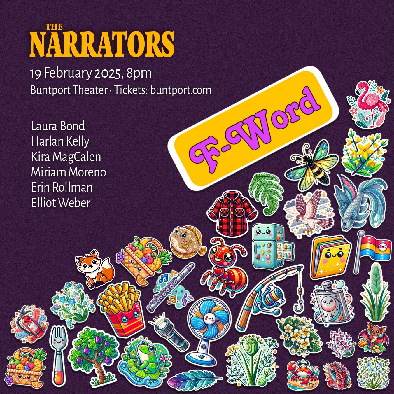 Promotional poster for The Narrators storytelling show. A collection of cartoon stickers with images that all represent objects that start with the letter F.
