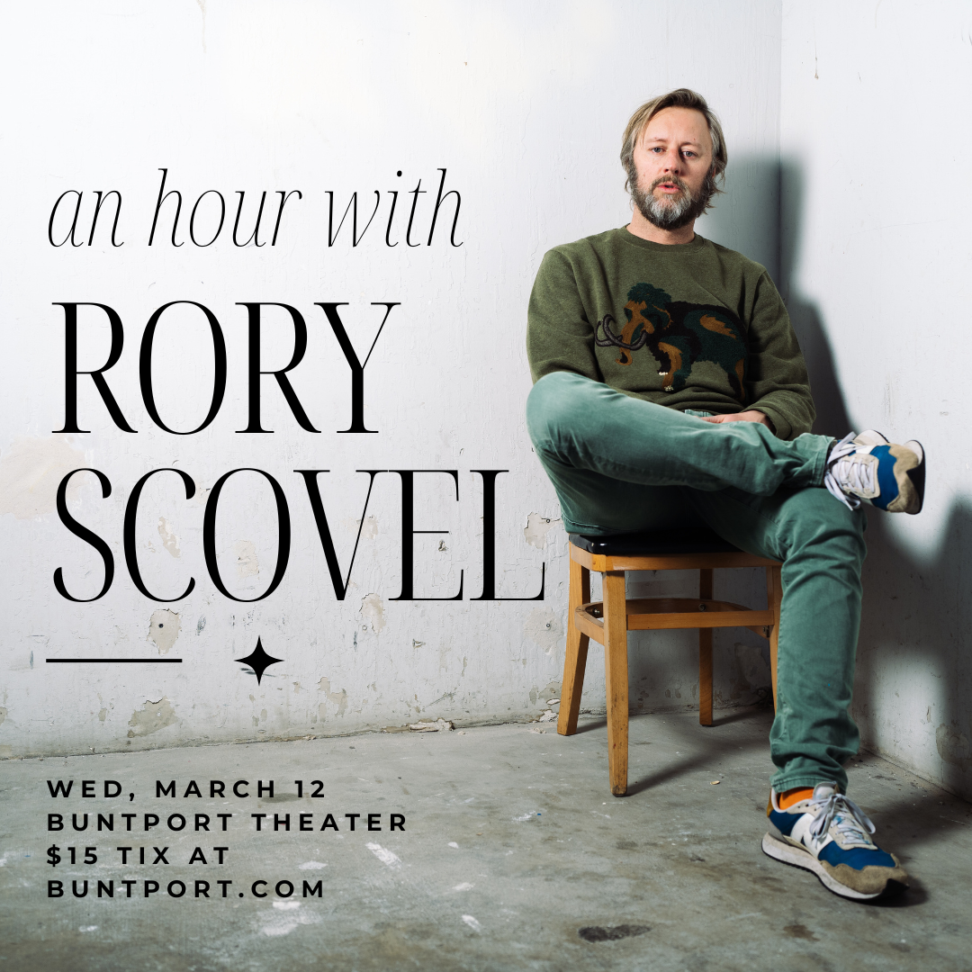 Promotional poster for An Hour with Rory Scovel. Rory Scovel sitting on a chair in the corner of a white room, with text providing information about the show.