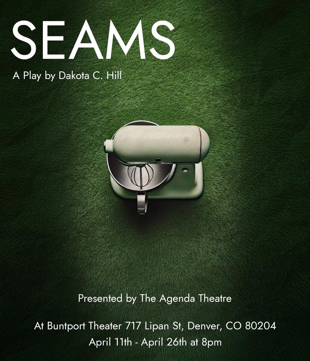 A green background with a photo from above of a kitchen mixer.