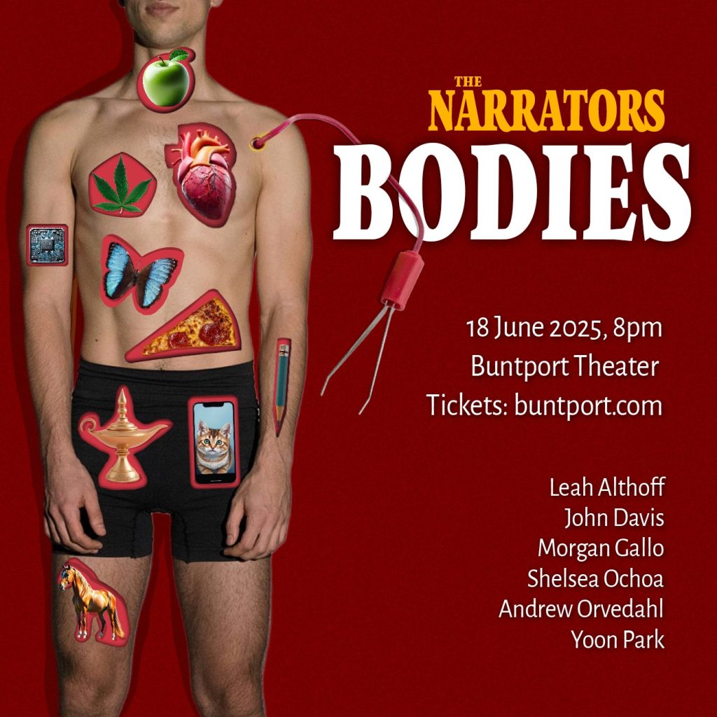 Promotional poster for The Narrators storytelling show. A surreal photo collage parodying the board game Operation that features details about the show.