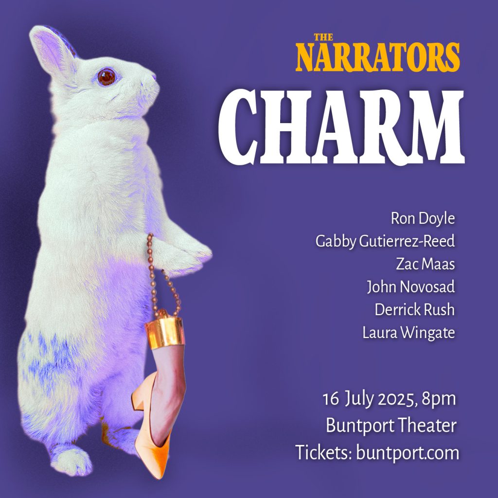 Promotional poster for The Narrators storytelling show. A surreal photo collage of a white rabbit standing upright, carrying a human foot on a key chain as a good luck charm. The foot has a gold woman's shoe.