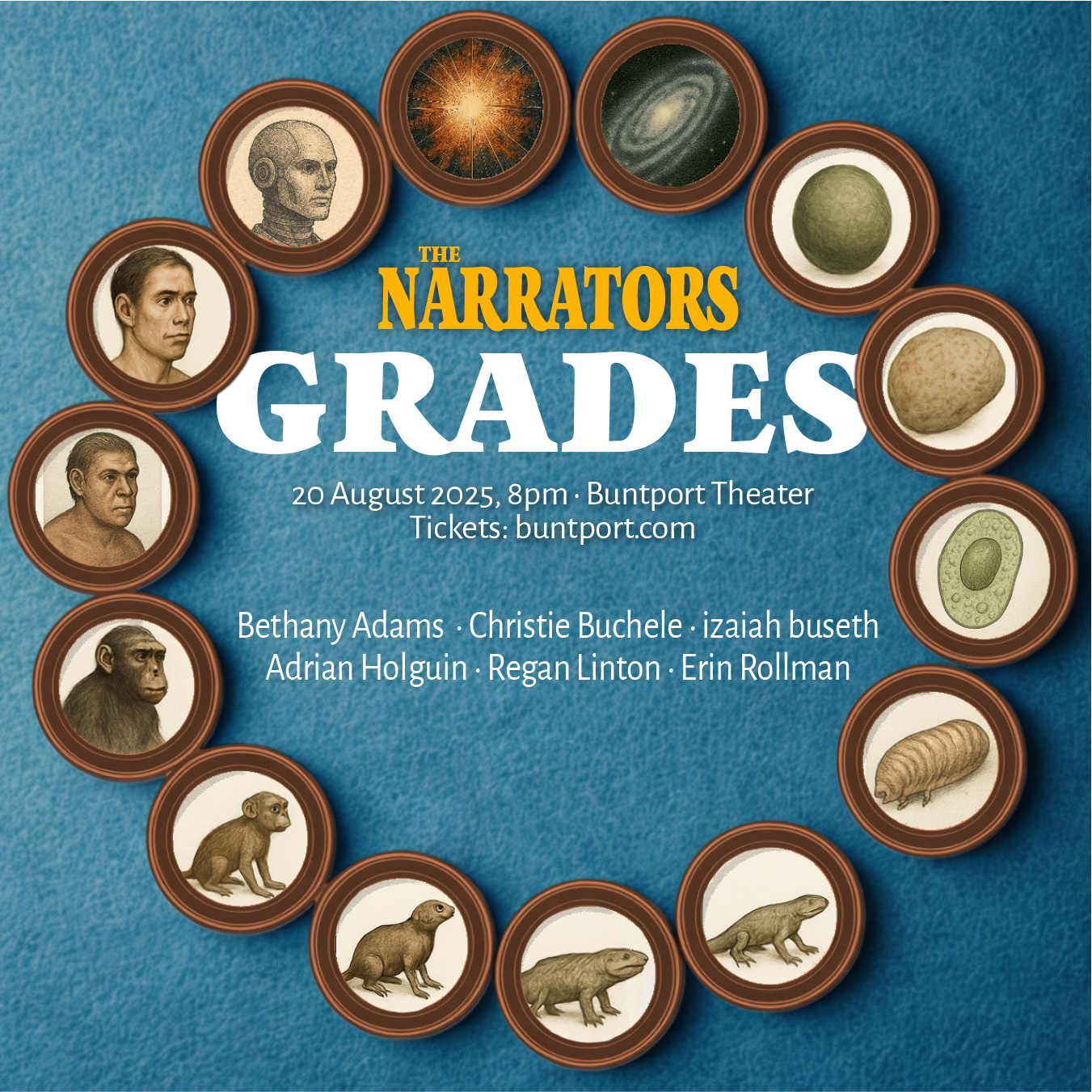 A promotional poster for The Narrators storytelling show. A series of circular panels featuring a comedic evolutionary cycle