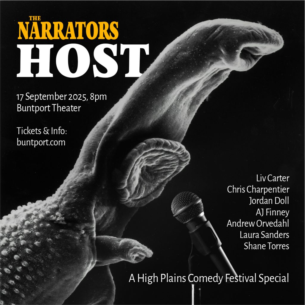 A promotional poster for The Narrators storytelling show. A surreal image of a microscopic blood parasite, positioned as if it is speaking into a microphone.