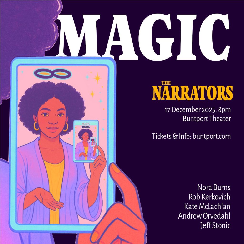 Promotional poster for The Narrators featuring an illustration of a person holding a card. On the card, there's an image of the person, also holding a card—a refractive nesting-doll image.