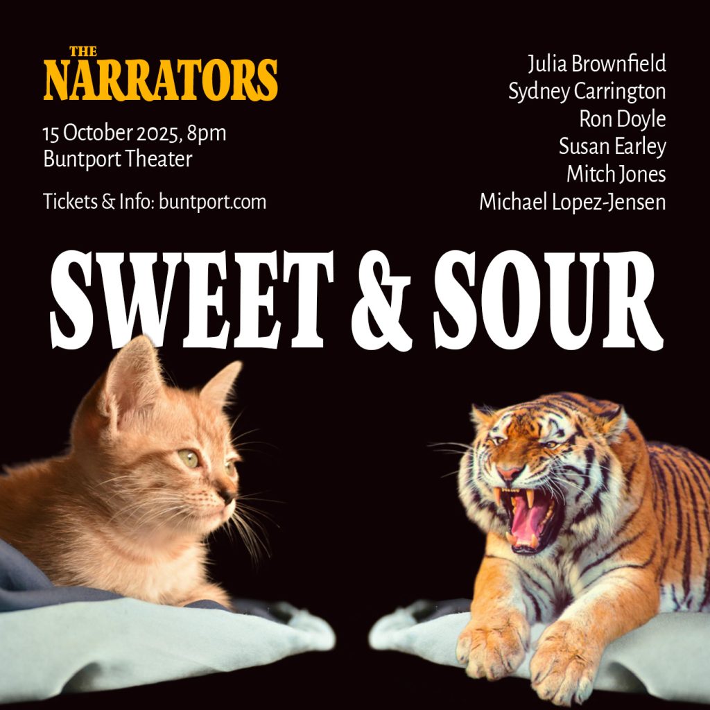 A promotional poster for The Narrators live storytelling show. A small tabby kitten on one side and growling tiger on the other.
