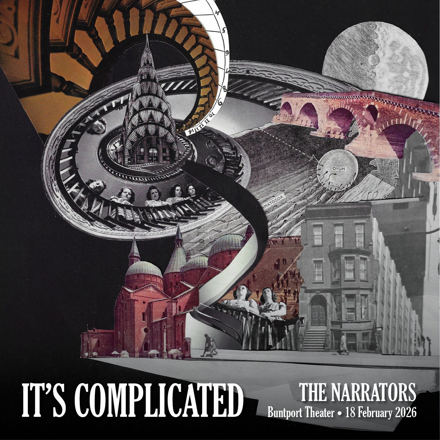A promotional poster for The Narrators live storytelling show. A surreal collage of a complex swirling cityscape with a moon in the background