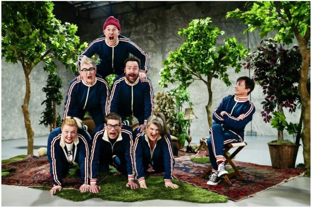 Erin Rollman, Samantha Schmitz, Erik Edborg, Evan Weissman, Brian Colonna, Hannah Duggan and Matt Petraglia pose during a photoshoot at Buntport Theater, Saturday, December 6, 2025 in Denver, Colorado. The company has made it for 25 years showing only original works and are recognized as Colorado Theater's final "Person" of the Year award. (Rebecca Slezak/Special to The Denver Gazette)