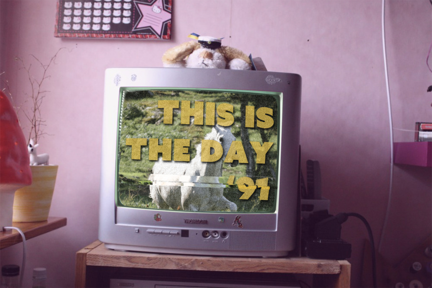 A TV with the words This is the day '91 playing over a horse in a field. The Tv looks to be in a young girl's room