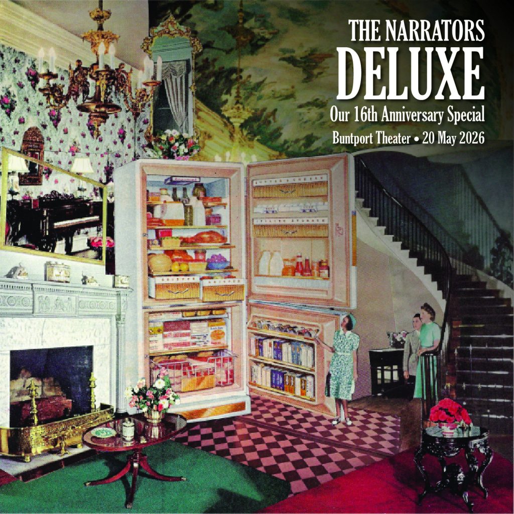 A promotional poster for The Narrators live storytelling show. A surreal analog collage of a mansion with a giant open refrigerator.