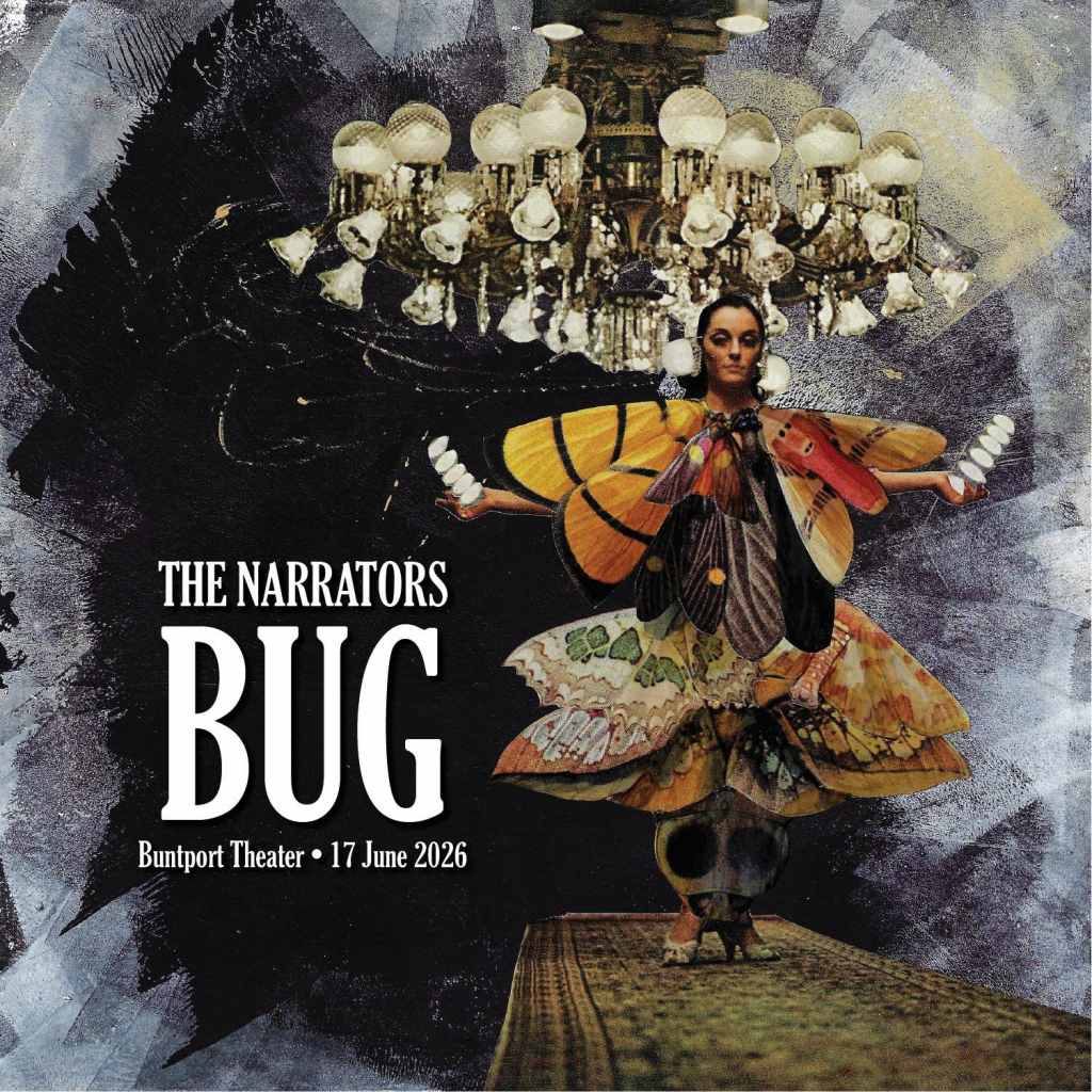 A promotional poster for The Narrators live storytelling show. A surreal analog collage of a woman wearing a dress made of moth and butterfly wings.