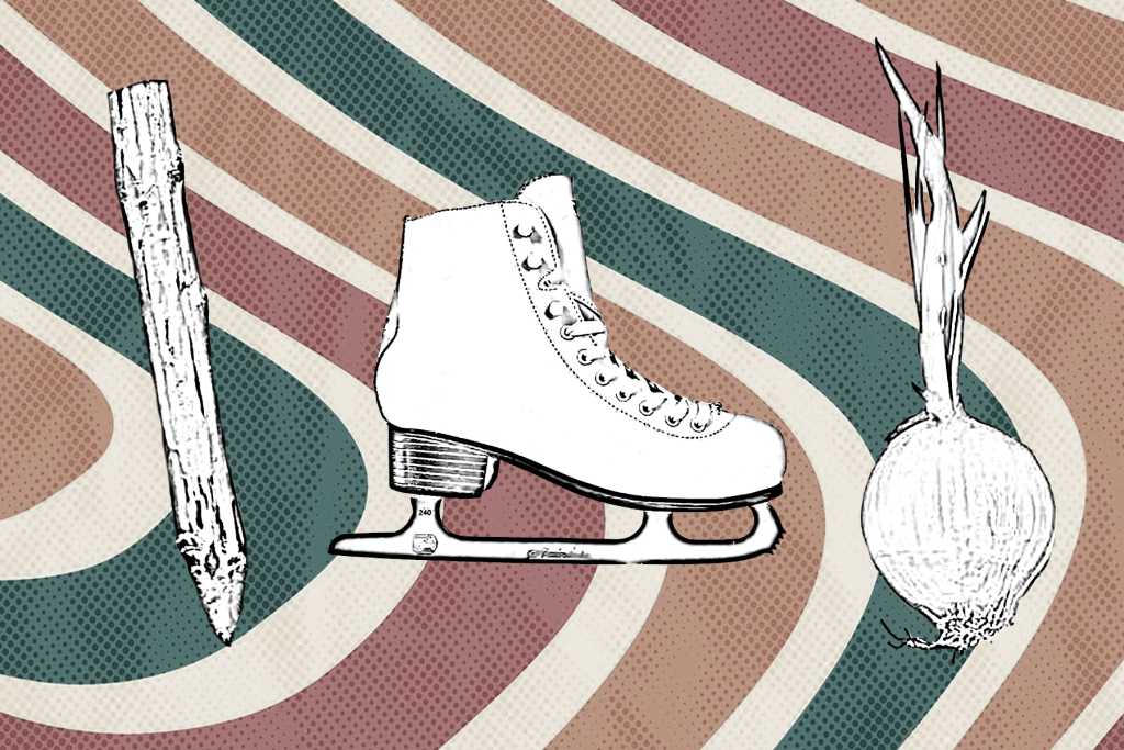 A black and white drawing of a Stake, an Ice skate and an onion on a wavy green, brown and tan background