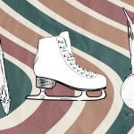 A black and white drawing of a Stake, an Ice skate and an onion on a wavy green, brown and tan background