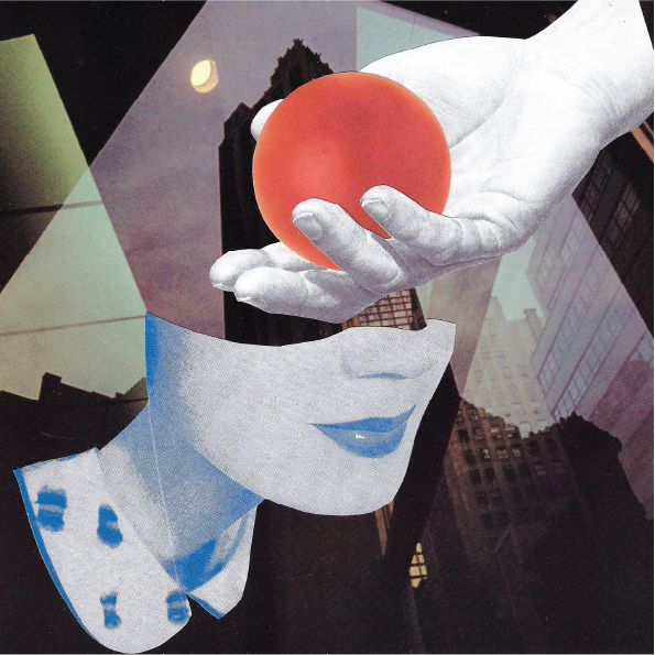 Promotional art for The Narrators. A surreal hand-cut collage featuring a hand holding a rubber ball, dropping it into the mind of a woman