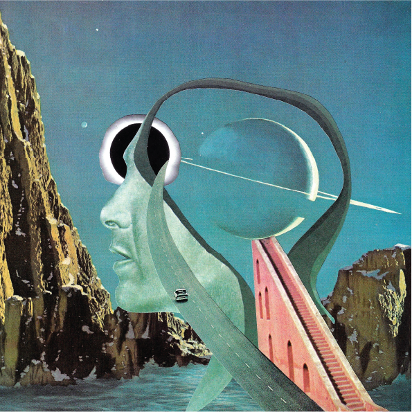 Promotional art for The Narrators. A surreal hand-cut collage featuring a highway that drives into a black hole via a human mind.