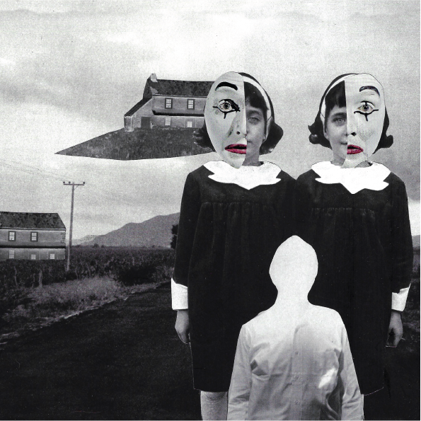 Promotional art for The Narrators storytelling show. A surreal hand-cut collage featuring twins in dresses, wearing drama mask. An eerie white silhouette in the foreground between them and a floating house in the background.