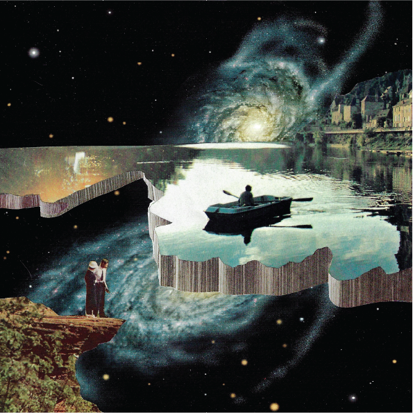Promotional art for The Narrators. A surreal hand-cut collage featuring a rowboat on the edge of the universe, a galaxy in the sky, and a couple standing on a cliff.