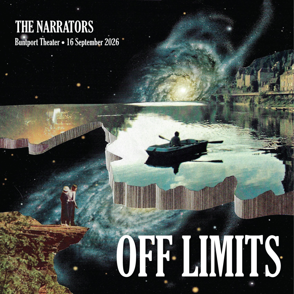 Promotional art for The Narrators. A surreal hand-cut collage featuring a rowboat on the edge of the universe, a galaxy in the sky, and a couple standing on a cliff.