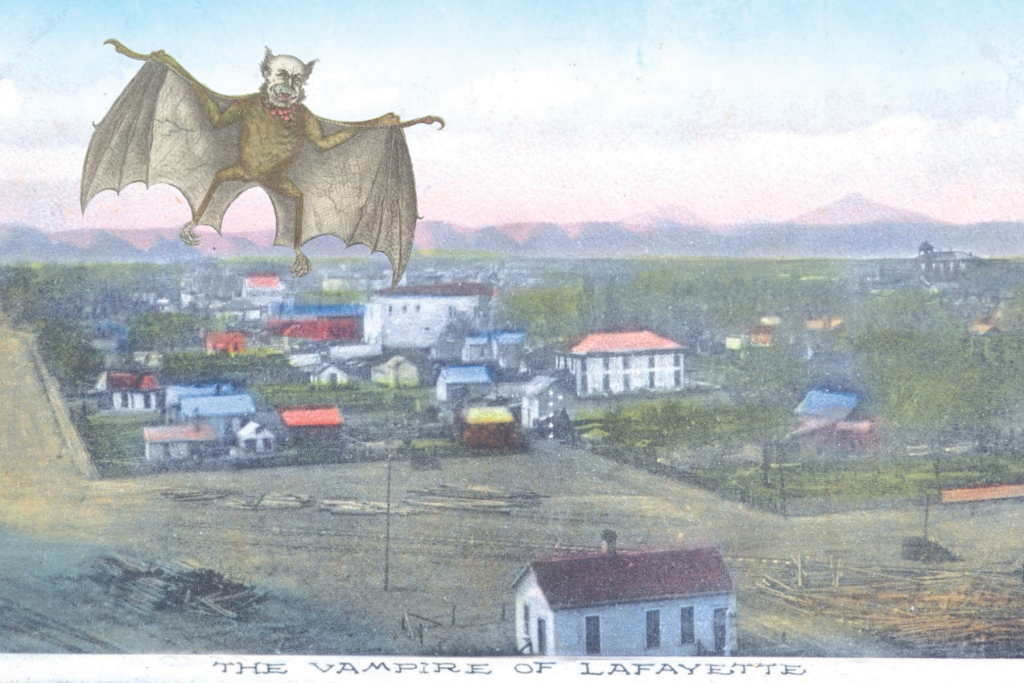 A bat with a human face flies over a colorized old photo of the city of Lafayette Colorado in the 1800's