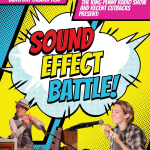 A comic book word bubble the says "Sound Effect Battle" with 2 foley artsit pictured at the bottom.