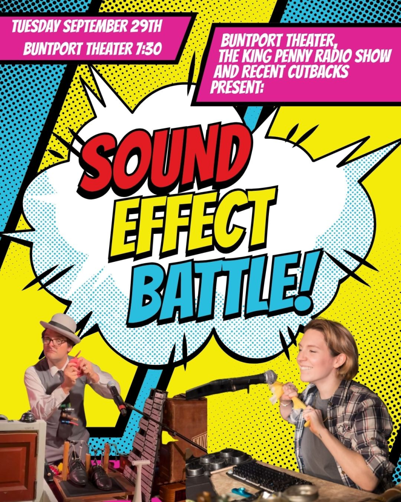 A comic book word bubble the says "Sound Effect Battle" with 2 foley artsit pictured at the bottom.