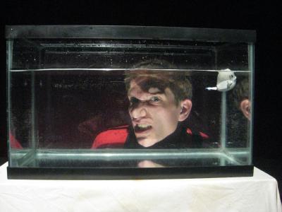 A man growls with his face against a fish tank, looking through water with a small mind up whale floating at the top.
