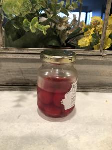 A jar of very red liquid half full with cherries, in front of the plants.