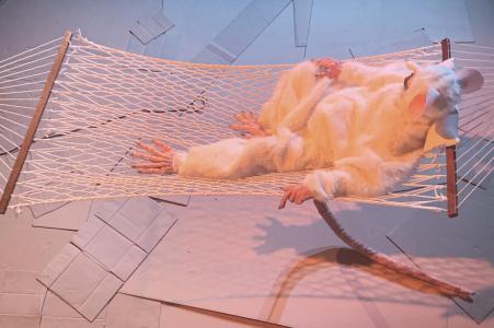 Looking down from above, we see a giant white Rat lying in a rope hammock in white light.