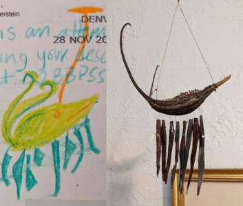 A split picture shows an unusual object hanging in a society members home and a drawing of the object. The object appears to be some sort of sea creature wind chime.