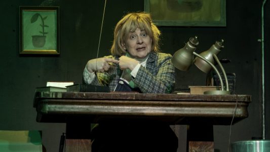 A blond woman with unkempt hair and a plaid suit jacket is making a comedically concerned face. She sits at a wood desk with a metal desk lamp and several books on it. In the back ground there are some poor paintings of a plant.