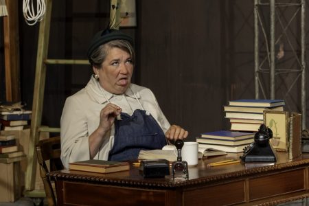 A woman in a cream jacket, small green hat, and denim apron sits at a desk covered in books. She is sticking her tongue out and rolling her eyes up in a ridiculous manner. In the background is a ladder and piles of more books.