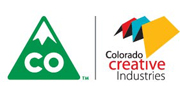 A simple green mountain icon with CO inside it and an abstract angular shape with red turquoise and yellow with text below that reads Colorado Creative Industries