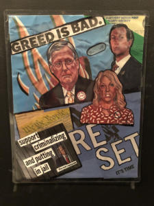 A collage of images of prominent Republicans with a big banner saying “Greed is bad”.